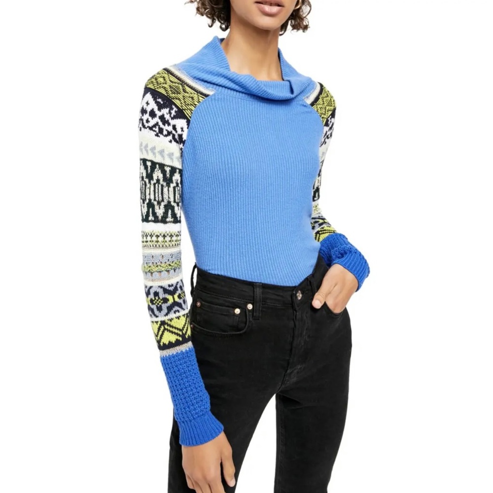 Free People Blue Bell Combo Fitted Cowl Knit Sweater Women’s XS